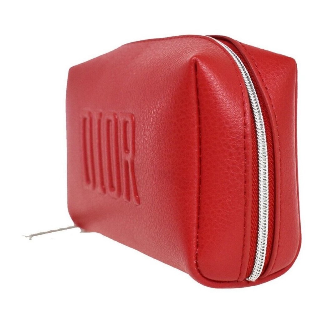 NIB CHRISTIAN DIOR Logo Cosmetic Makeup Pouch Bag 100% Polyurethane Red Silver - Picture 12 of 12